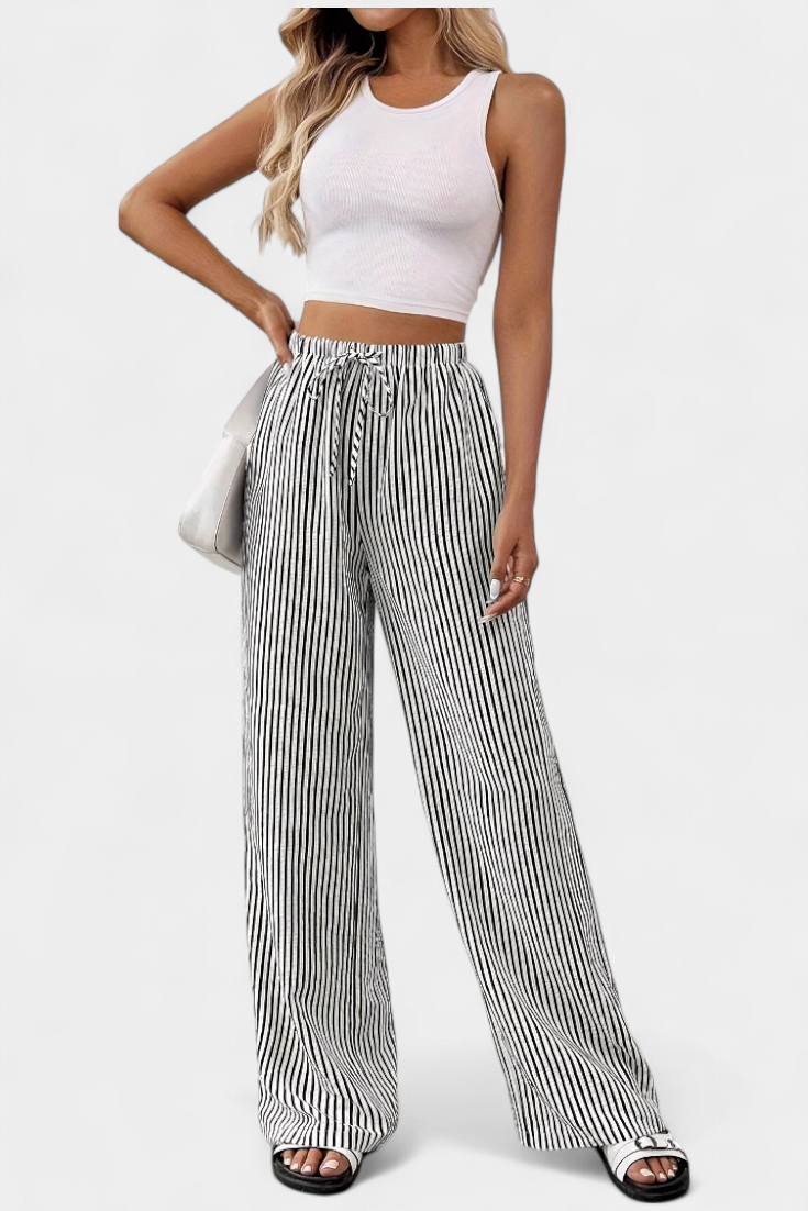 High Waist Drawstring Striped Wide Leg Pants