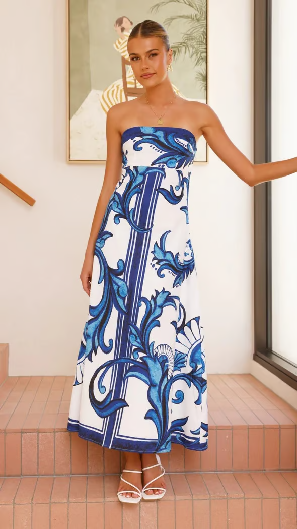 Iris - Vintage Printed Long Tube Dress Blue