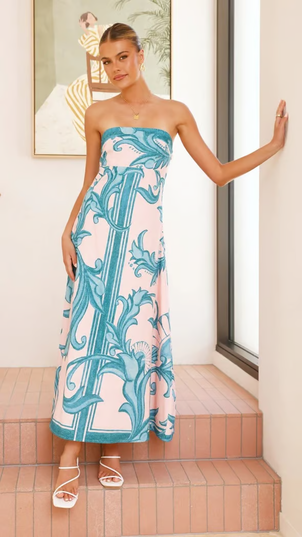 Iris - Vintage Printed Long Tube Dress Light Blue