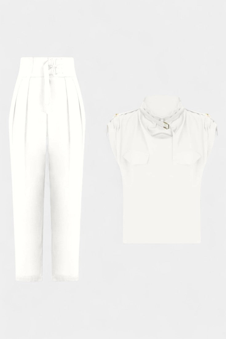 High Neck Sleeveless Top and Belted Tapered Pants Two Piece Set