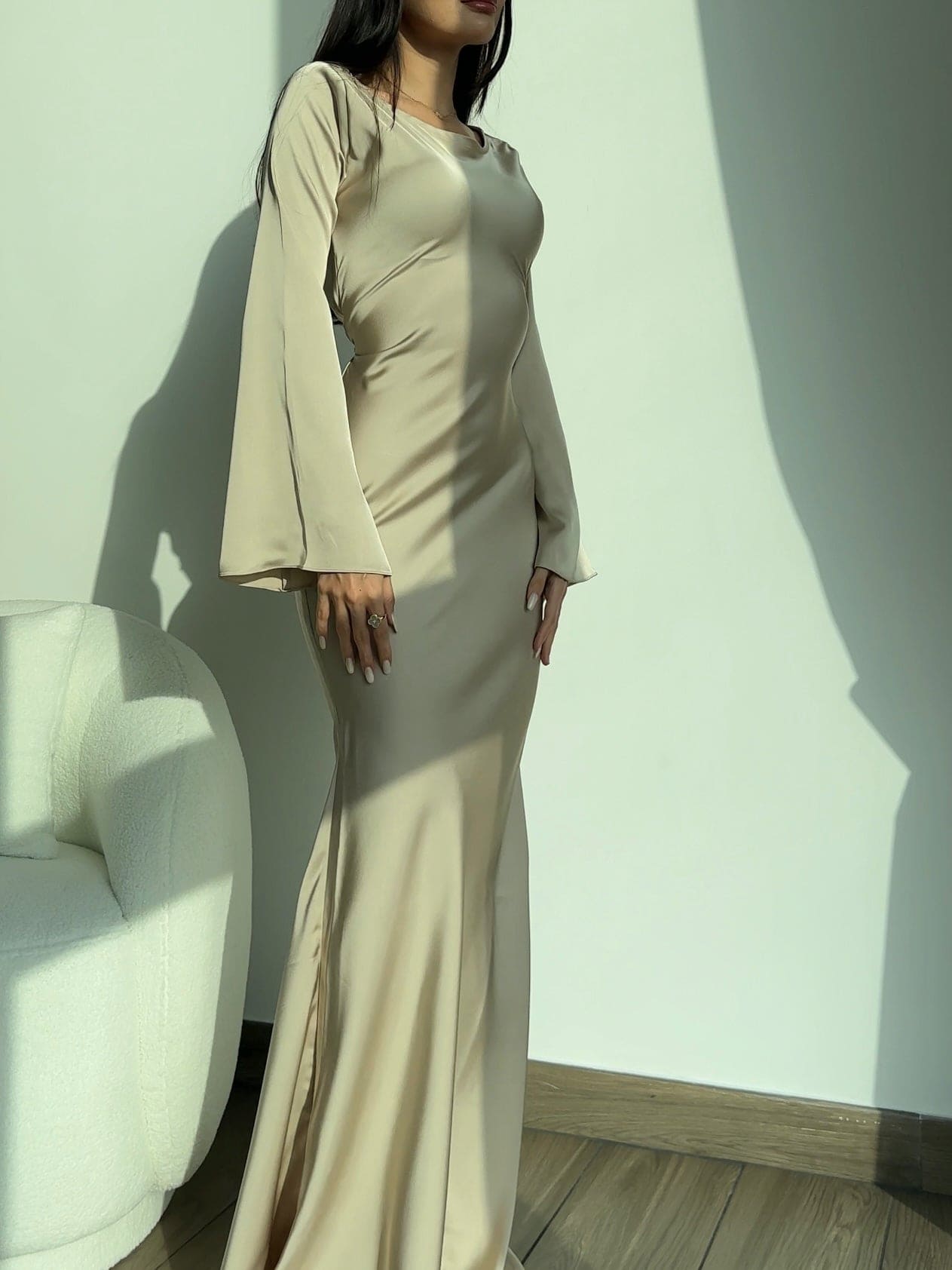 Satin Scoop Neck Bell Sleeve Ruched Waist Mermaid Maxi Dress