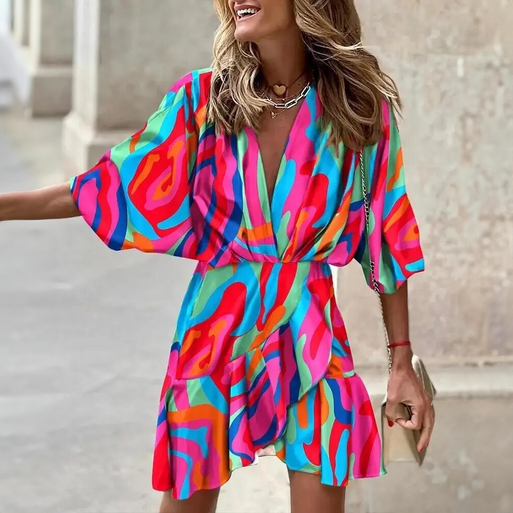 Palm Leaf Print Deep V-Neck Batwing Sleeve Wrap Ruffle Hem Mini Dress