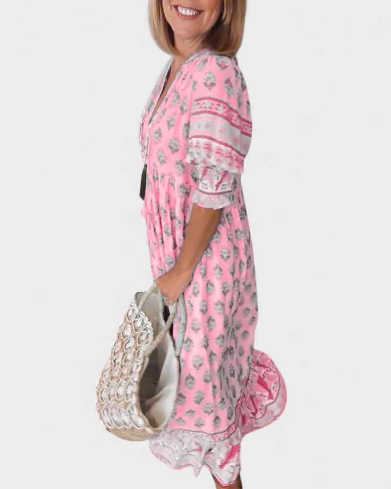 Boho Print V-Neck Ruffle Sleeve Button Front Midi Dress