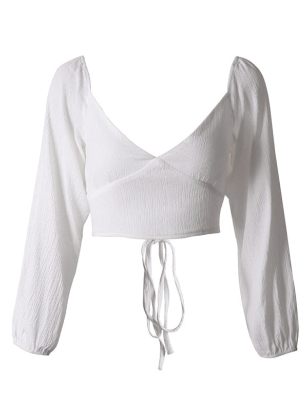 Off Shoulder V-Neck Lantern Sleeve Ruched Bust Crop Top 2