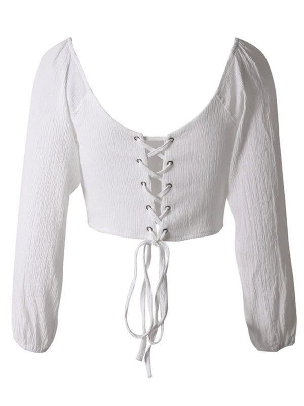Off Shoulder V-Neck Lantern Sleeve Ruched Bust Crop Top 3