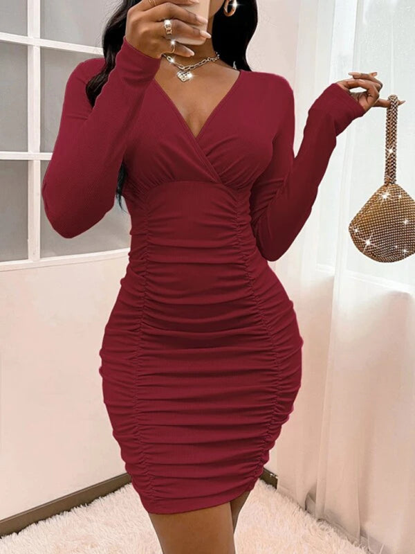 Sexy Babes Women's Knitted Solid Color Slim Fit Gathered Hip Dress
