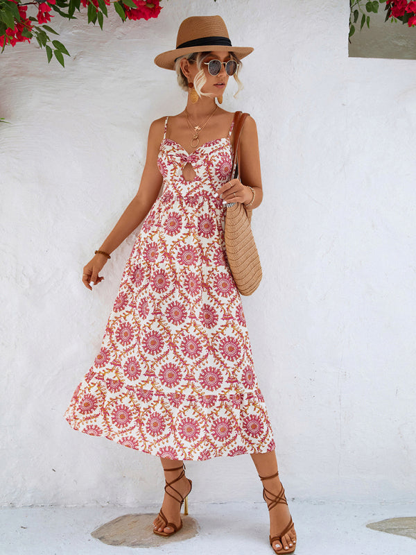Medallion Print Spaghetti Strap Twist Front Keyhole Tiered Midi Summer Dress 10