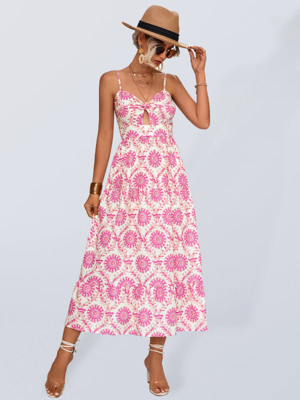 Medallion Print Spaghetti Strap Twist Front Keyhole Tiered Midi Summer Dress
