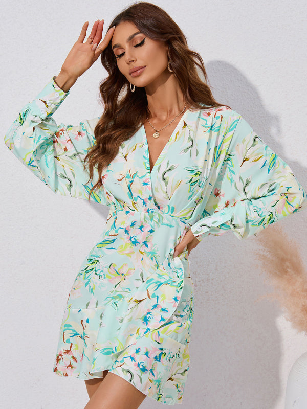 For Gown V-neck And Flare Fit Wrap Flowered Women