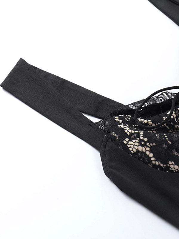 Sexy Lace Stitching Wavy Neck Backless Strap Package Hip A-Line Dress