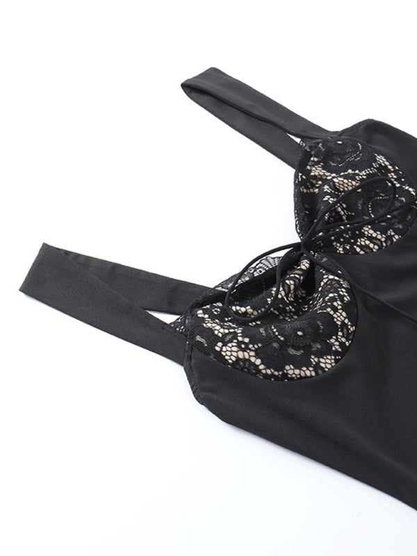 Sexy Lace Stitching Wavy Neck Backless Strap Package Hip A-Line Dress