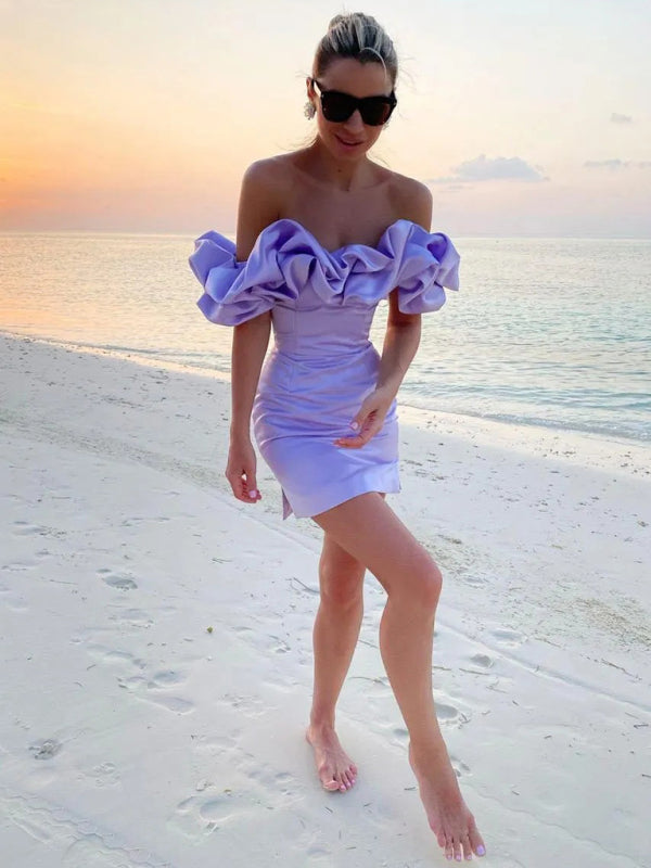 Off Shoulder Ruffle Satin Bodycon Mini Dress
