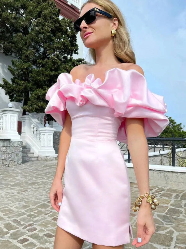 Off Shoulder Ruffle Satin Bodycon Mini Dress