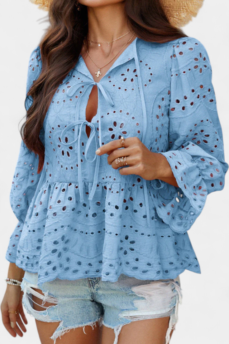 Eyelet Lace Tie Neck Long Sleeve Peplum Blouse