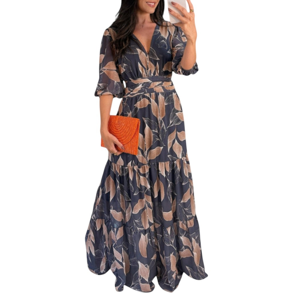 Aísha Long Floral Dress with Flowing Cut and Leaf Motif Blue