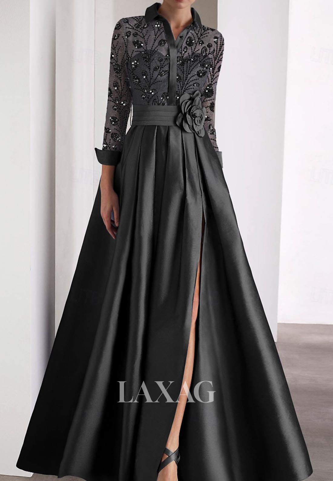 A-Line Embroidered Sequined Evening Dress Long-Sleeves Floor-Length Pleated Satin Formal Gowns
