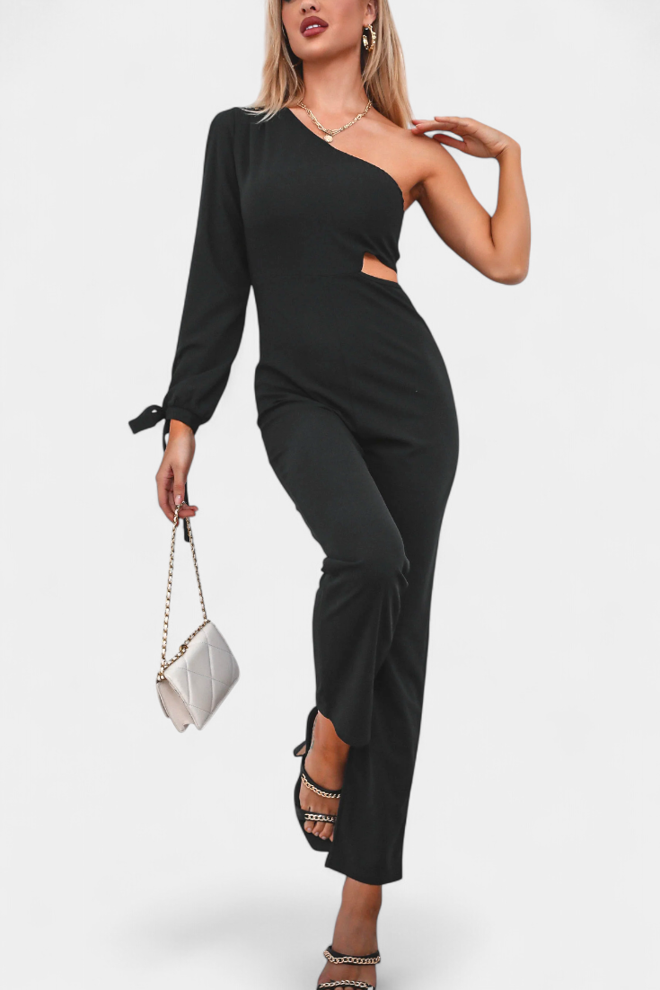 One Shoulder Long Sleeve Cut Out Straight Leg Jumpsuit