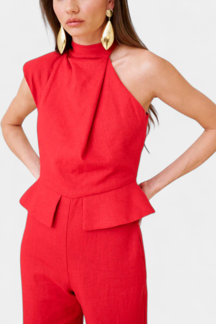 One Shoulder Peplum Waist Straight Leg Jumpsuit