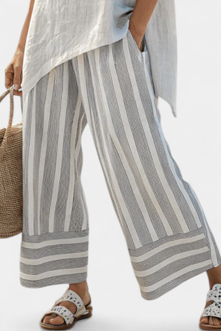 Short Sleeve Asymmetric Hem Top and Striped Wide Leg Pants Two Piece Set