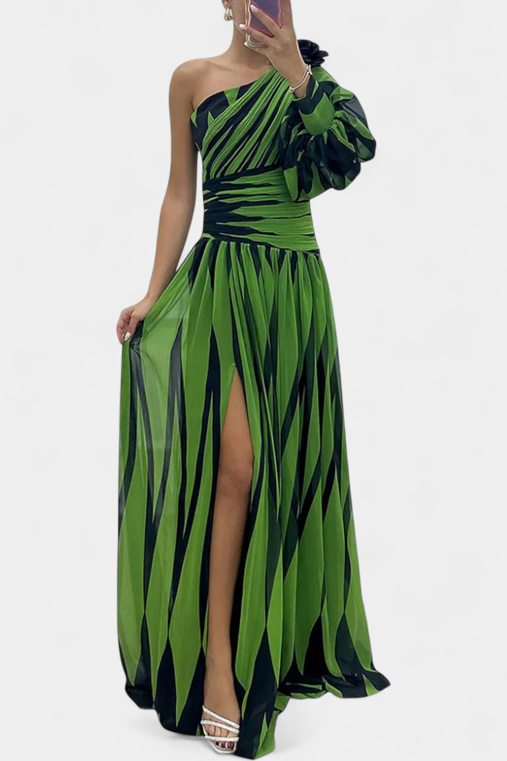 Abstract Print One Shoulder High Split Maxi Gown
