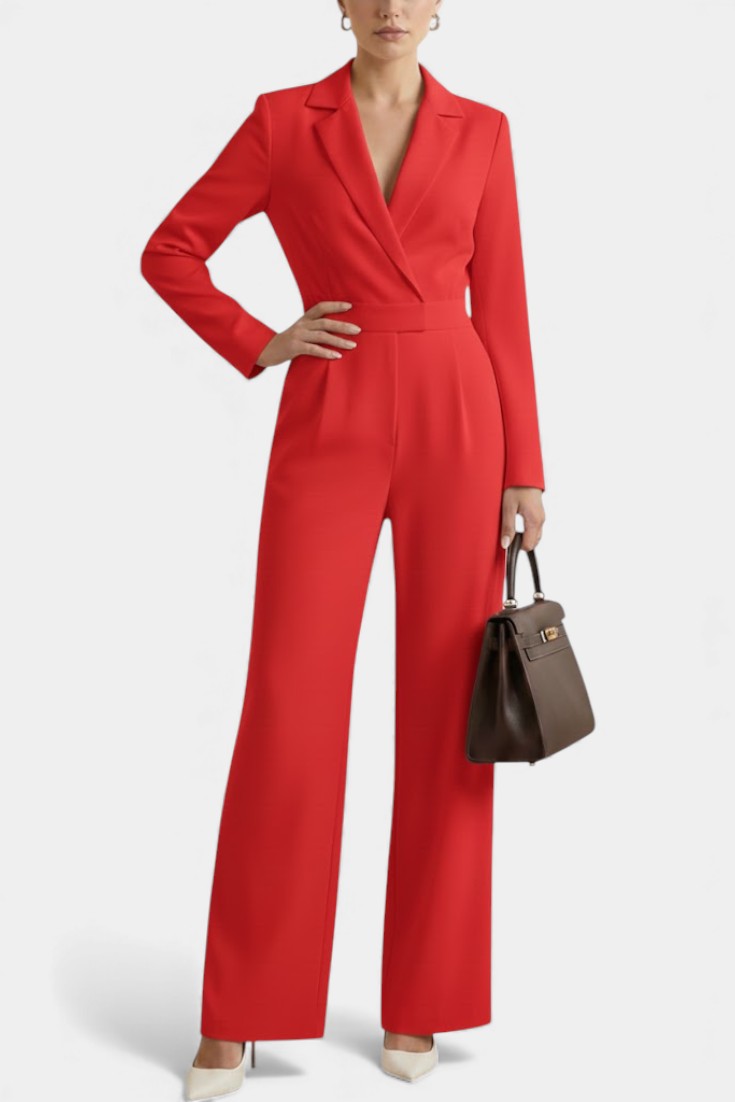 Notch Lapel Wrap Long Sleeve Wide Leg Jumpsuit