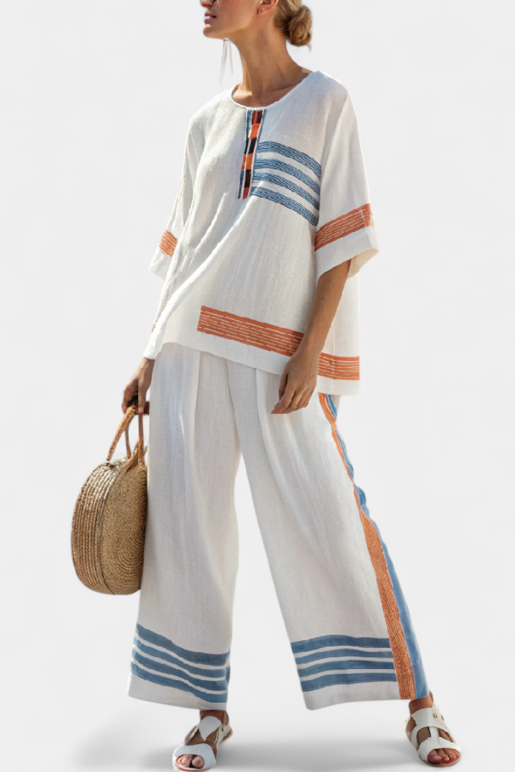 Round Neck Contrast Stripe Top and Wide Leg Pants Two Piece Set
