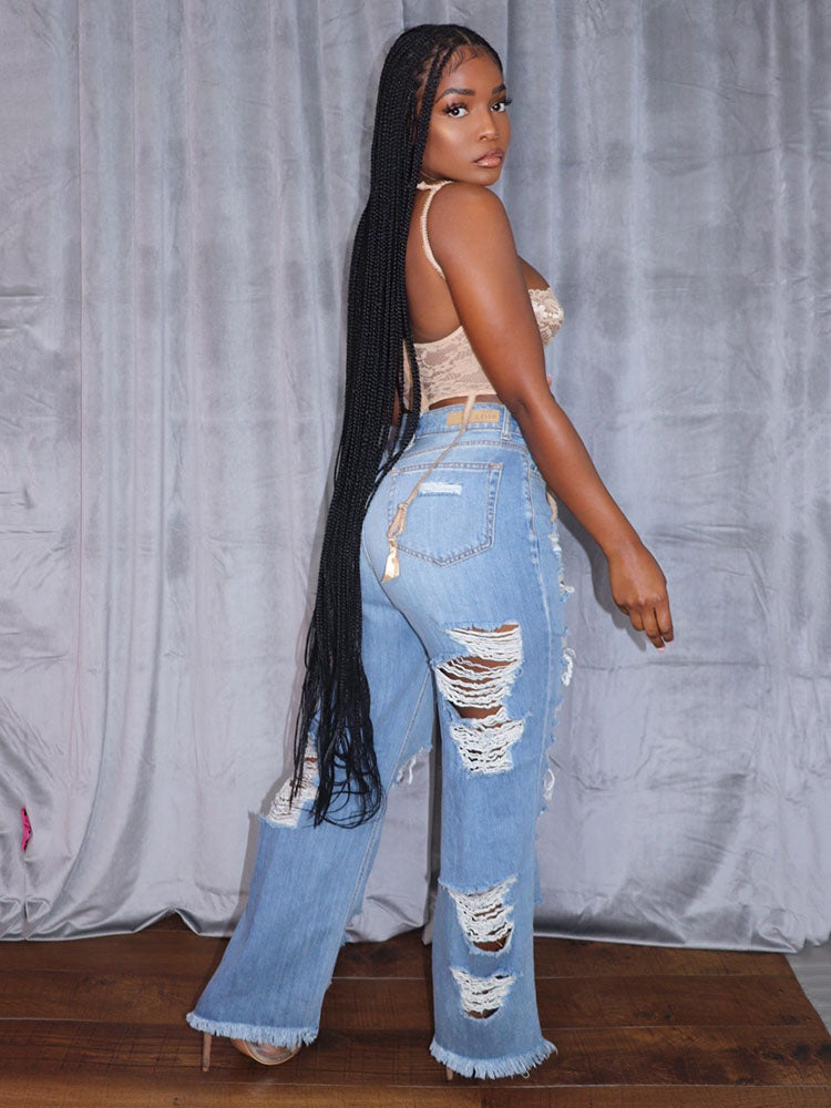 Ripped Distressed High Waist Raw Hem Wide Leg Jeans 2