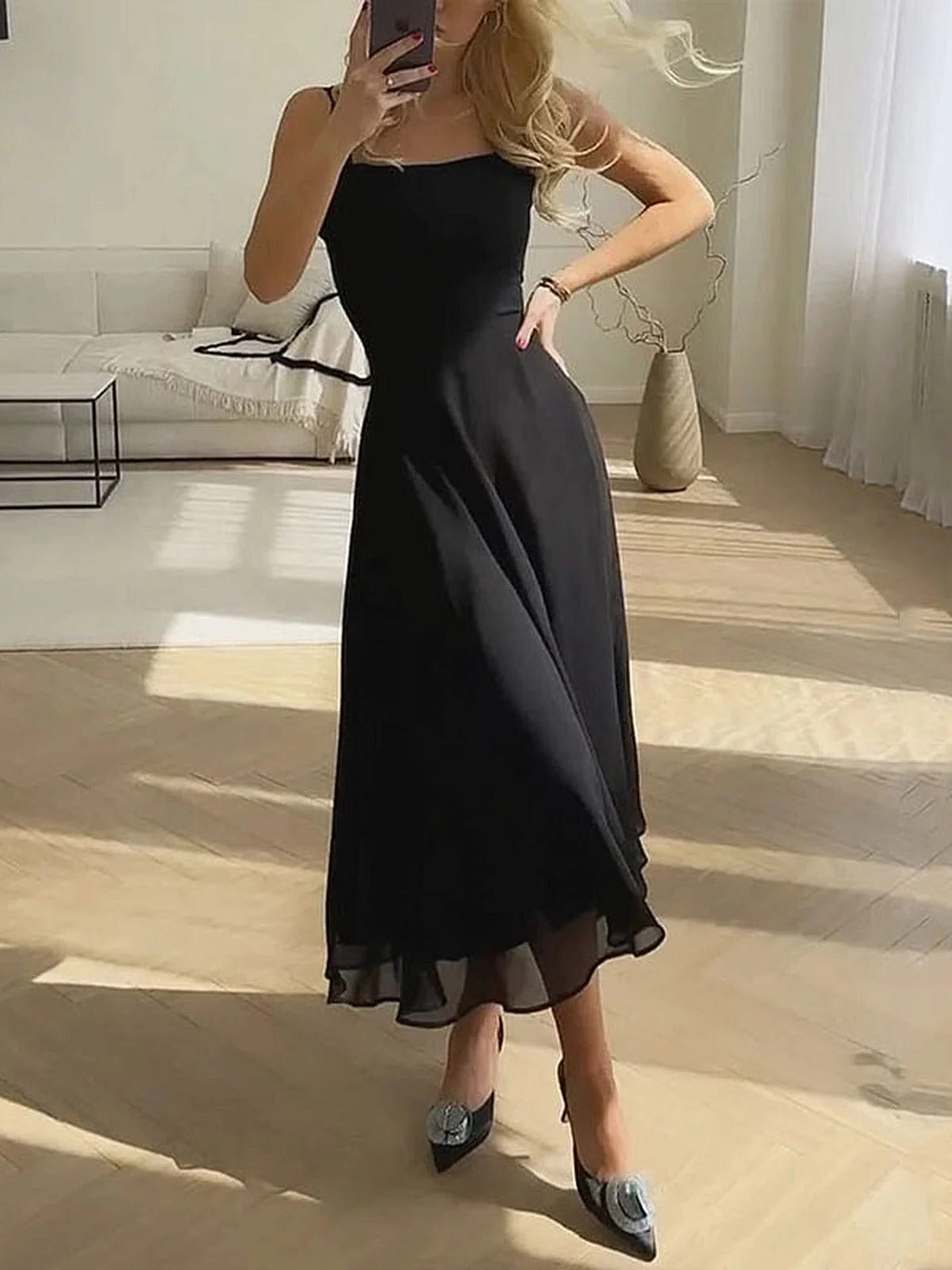 Square Neck Spaghetti Strap Chiffon Fit and Flare Midi Dress