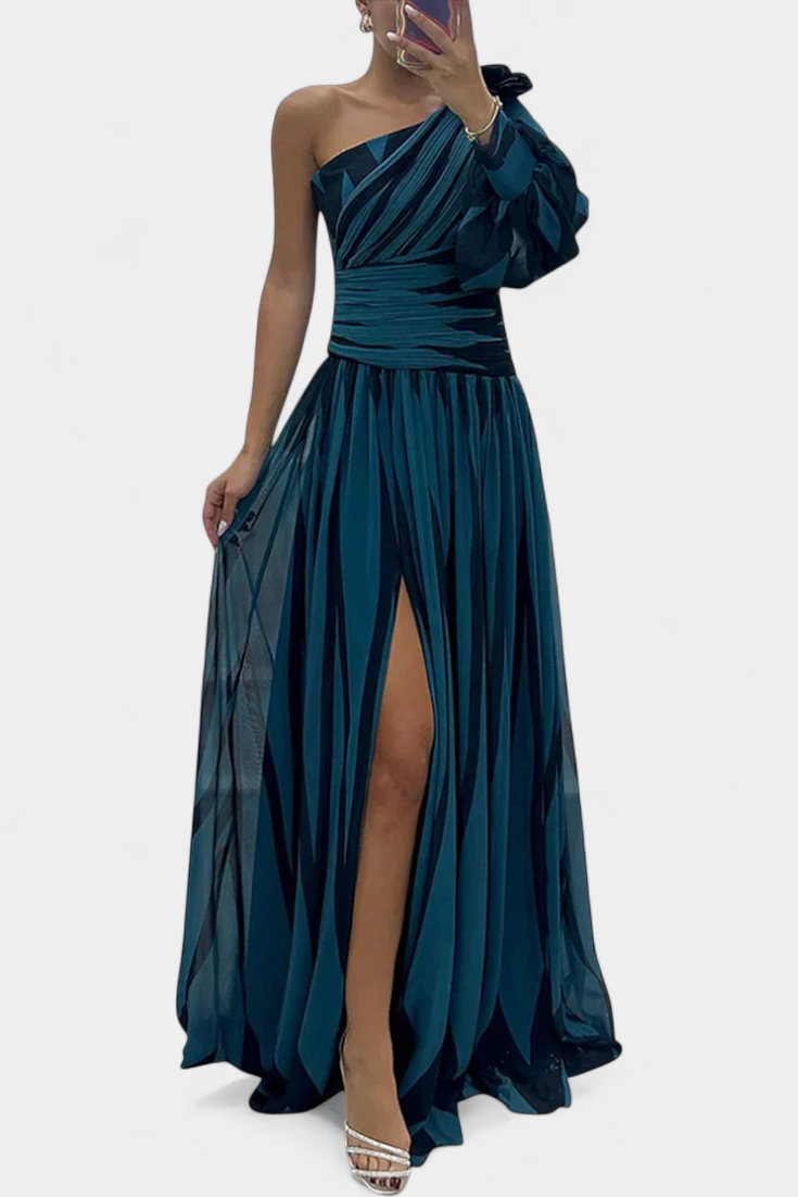 Abstract Print One Shoulder High Split Maxi Gown