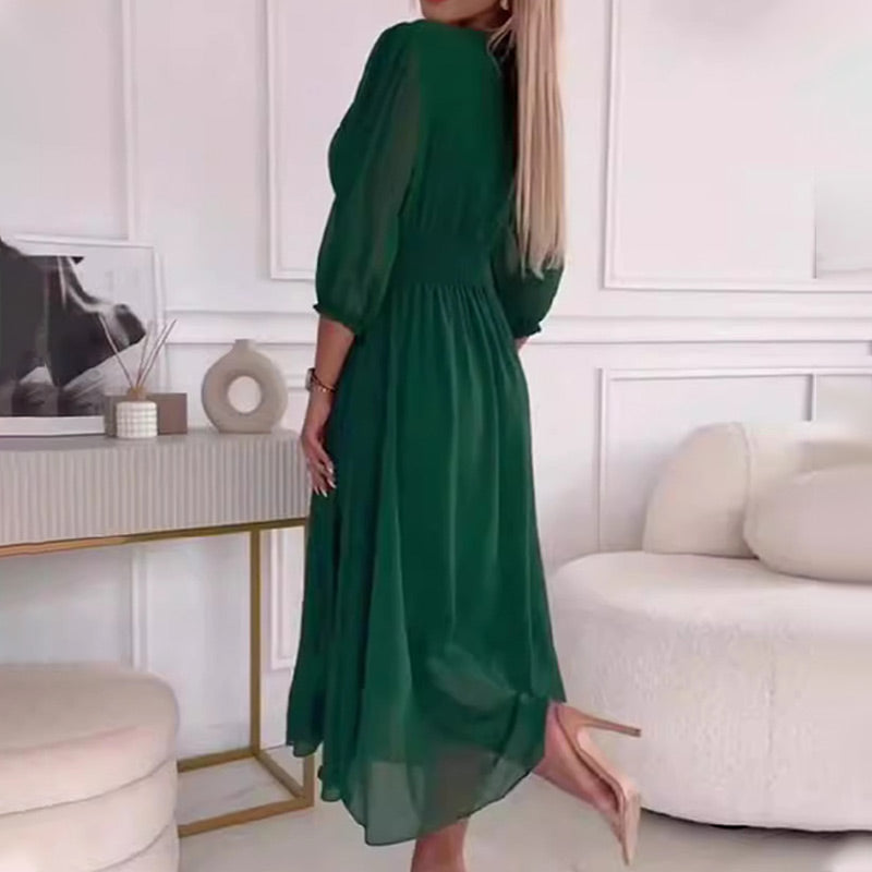 Chiffon Wrap V-Neck Long Puff Sleeve Ruched Waist Fit and Flare Midi Dress