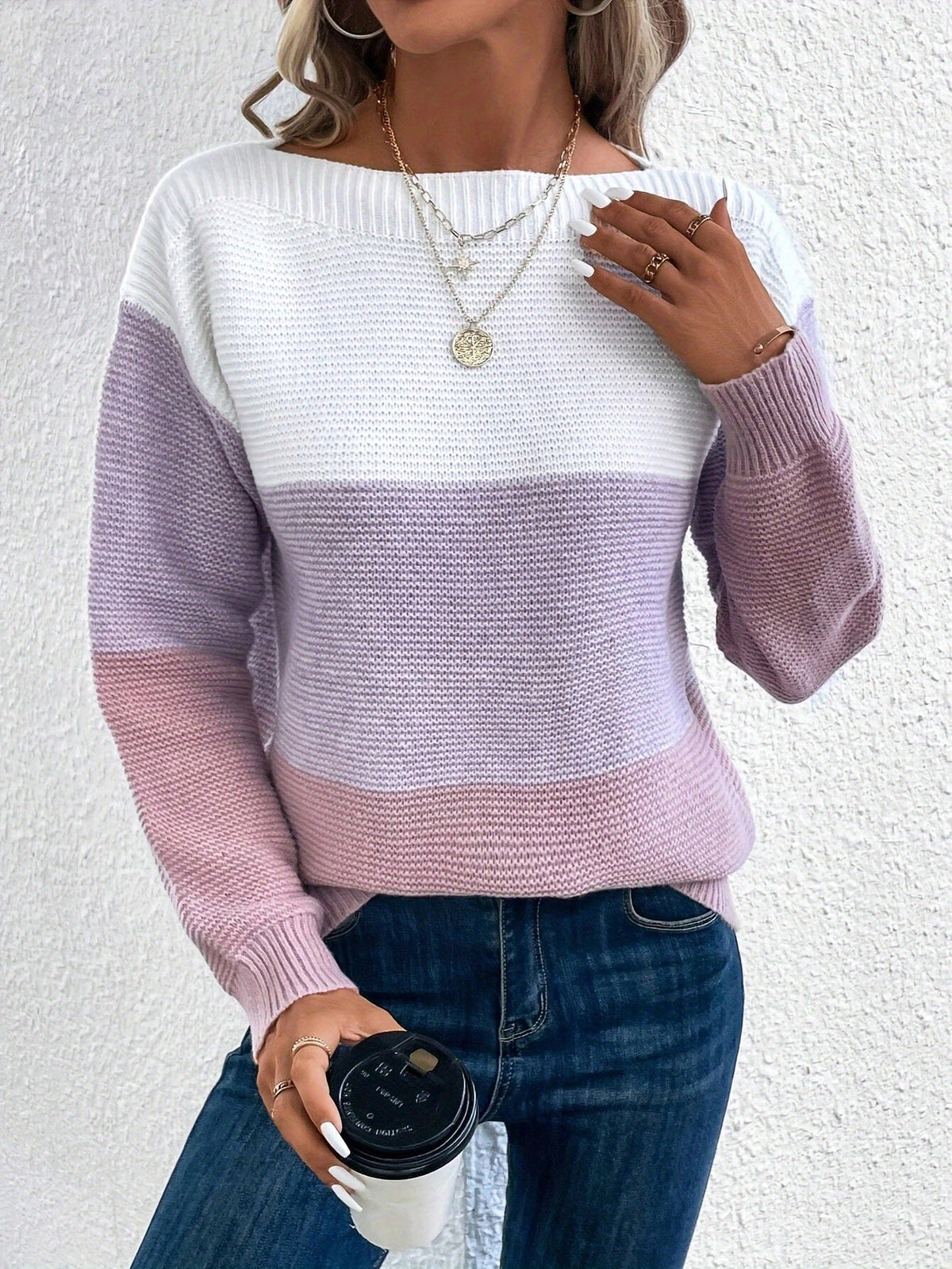 Contrast Panel Boat Neck Long Sleeve Ribbed Knit Sweater