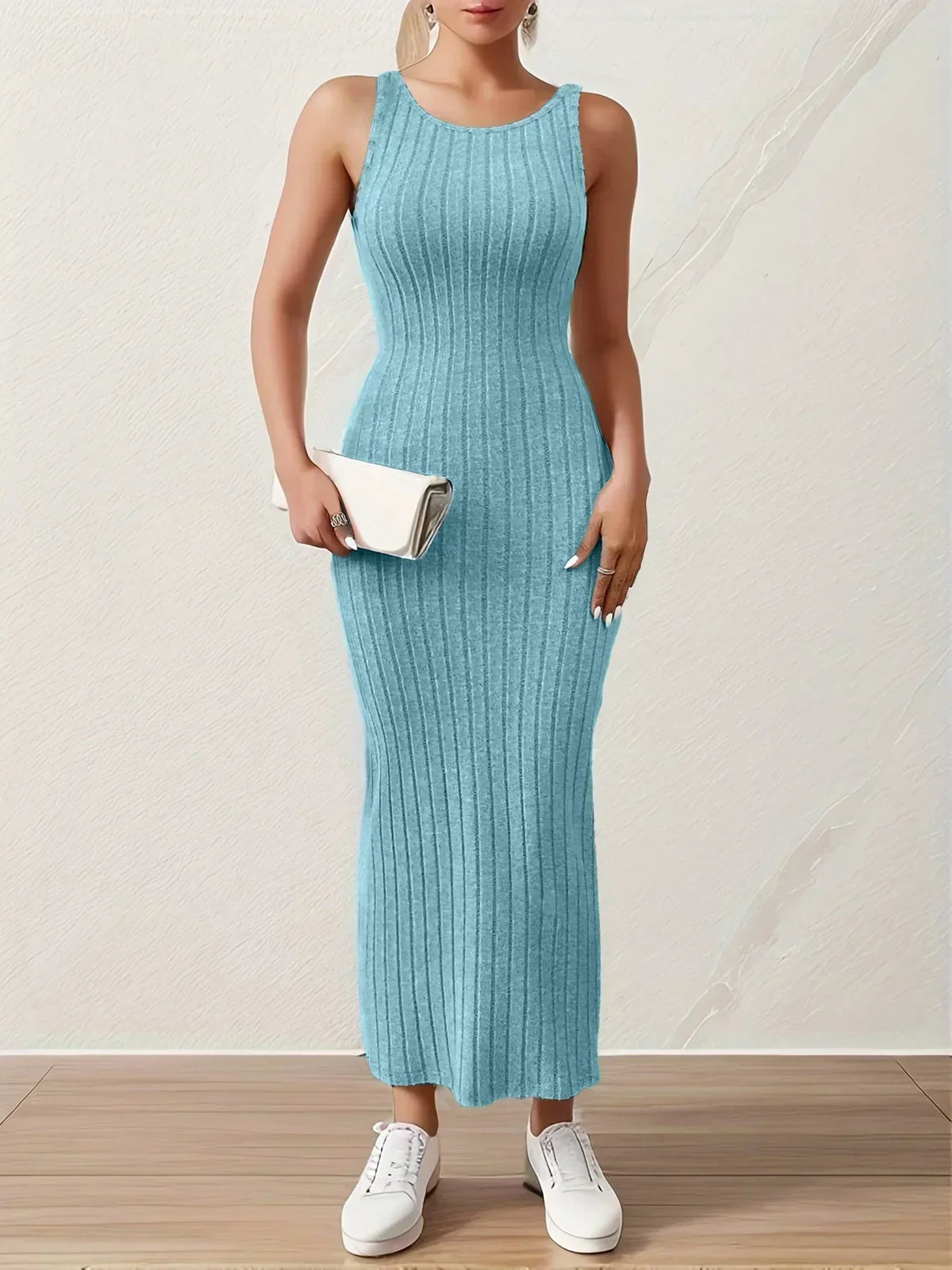 Ribbed Knit Sleeveless Crew Neck Bodycon Midi Dress - View 6