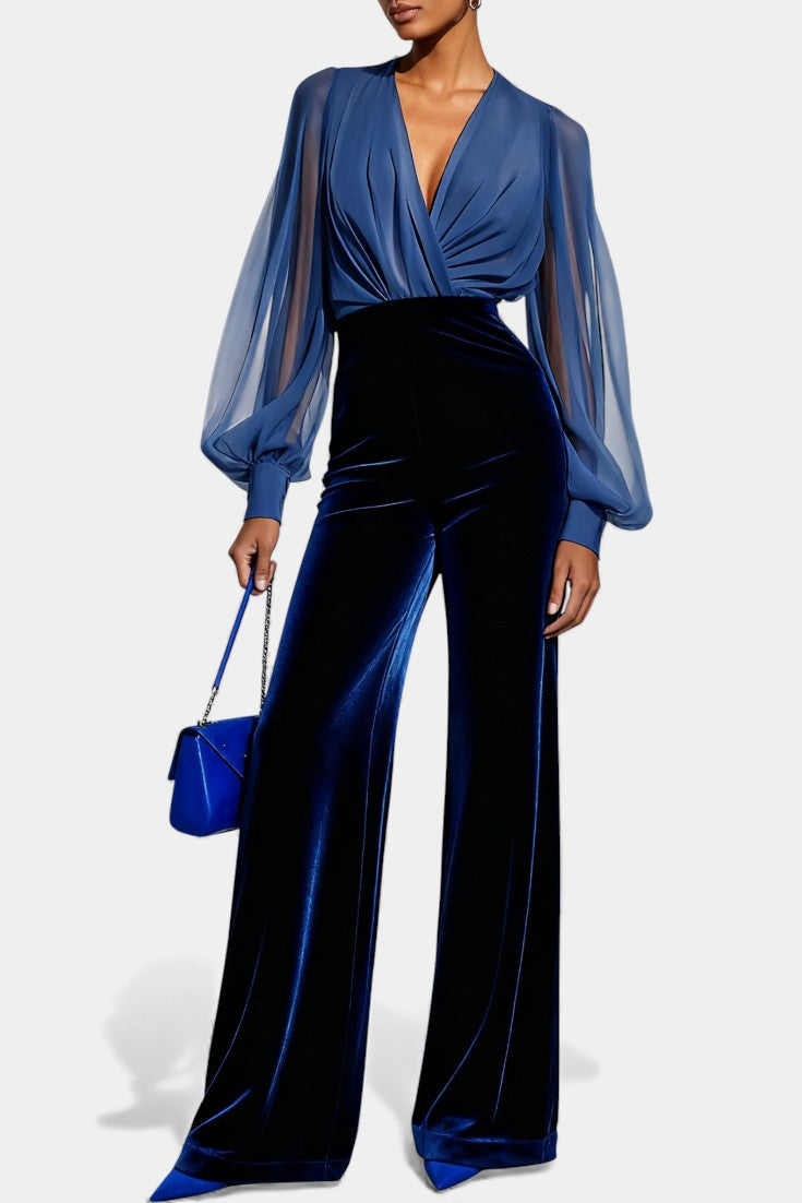 Deep V-Neck Sheer Sleeve Velvet Wide Leg Jumpsuit