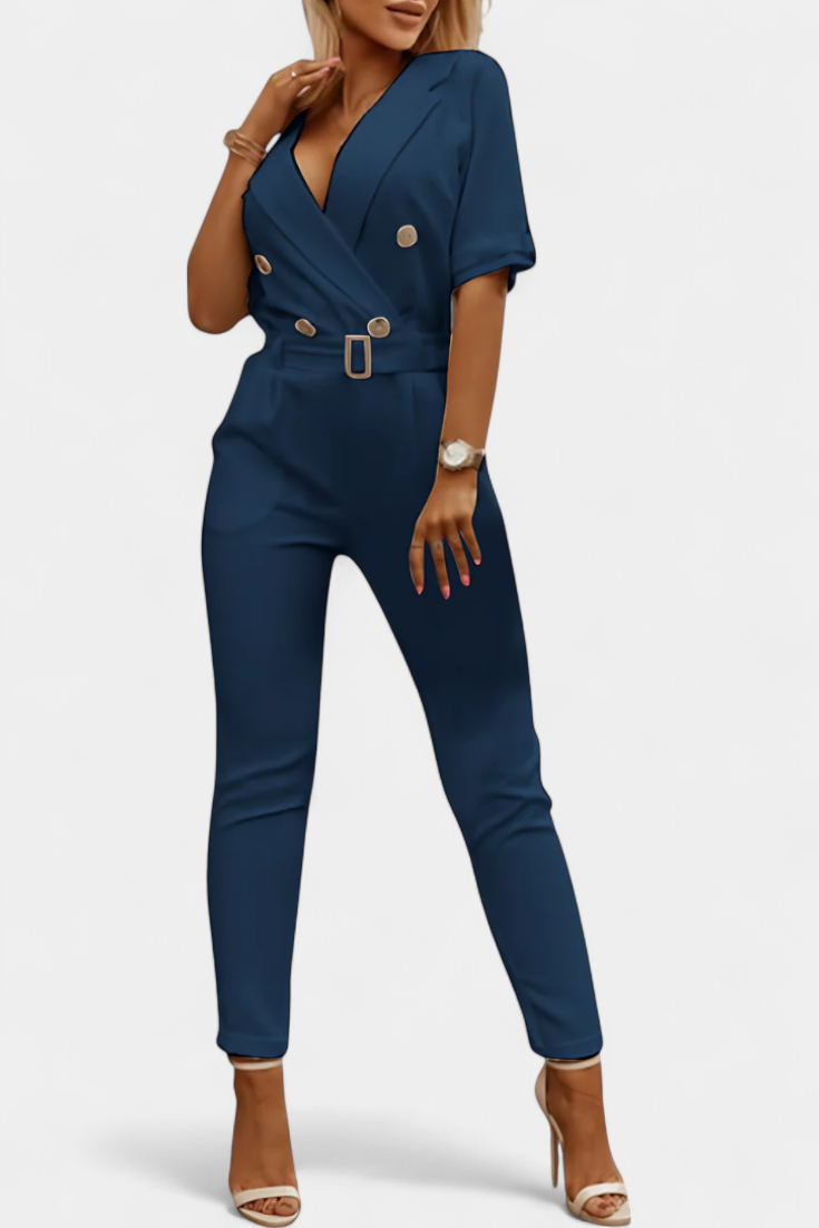 Deep V-Neck Short Sleeve Belted Double Breasted Jumpsuit