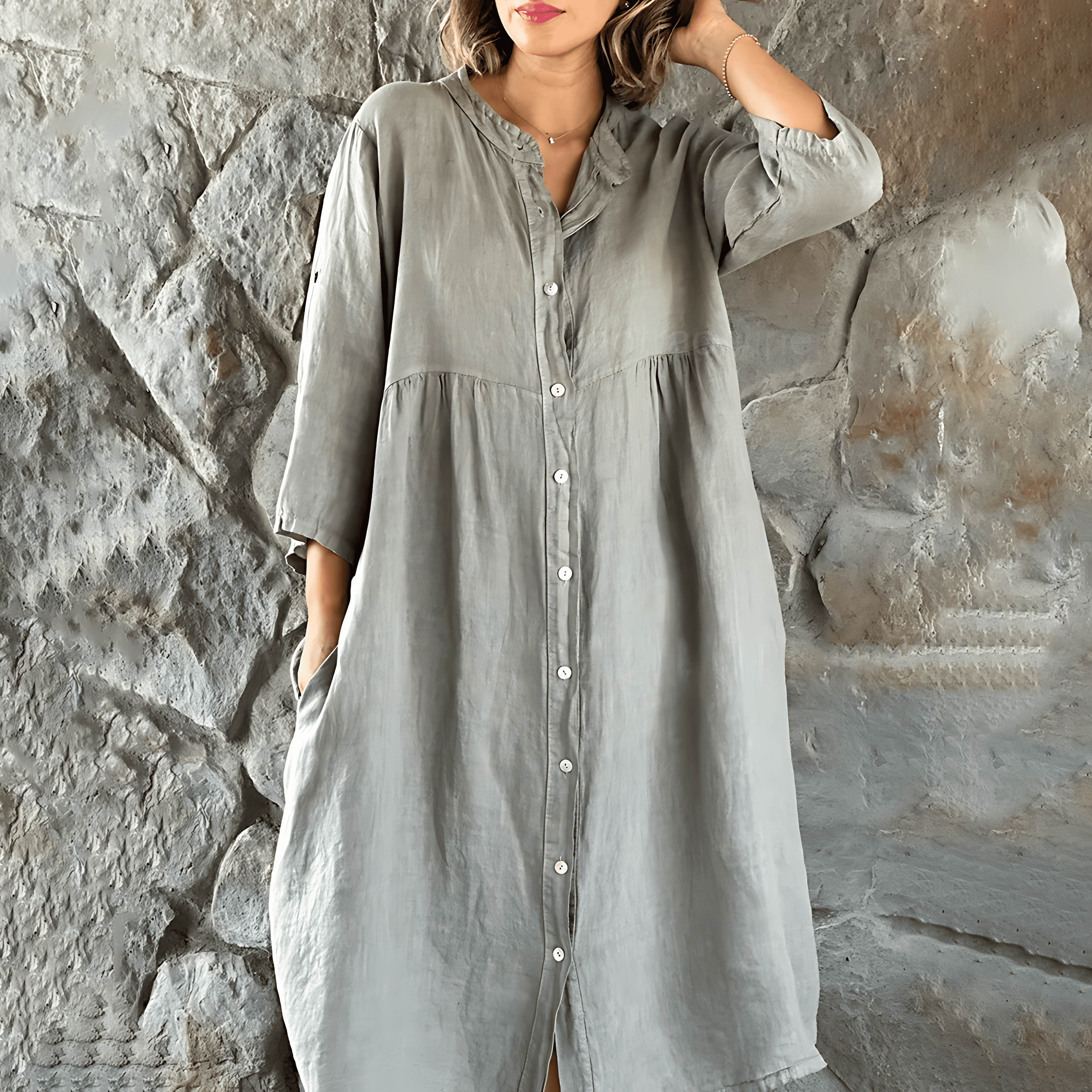 Button Down Roll Tab Sleeve Empire Waist Linen Look Summer Midi Dress