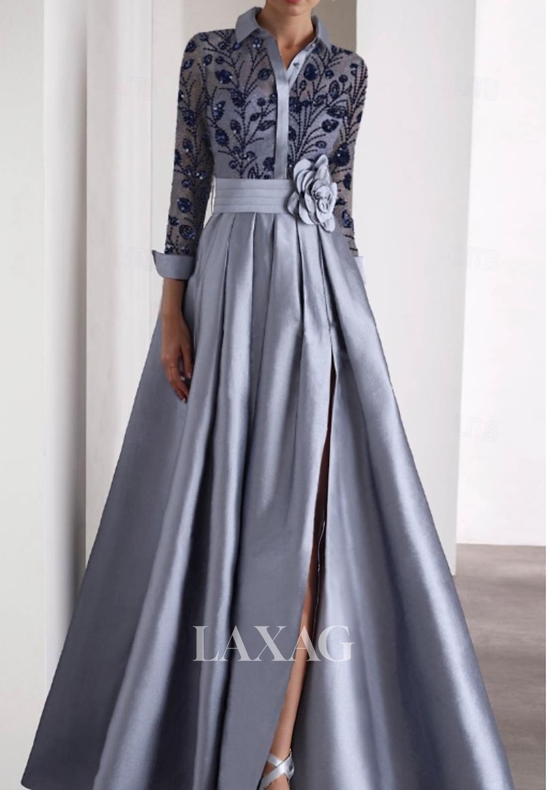 A-Line Embroidered Sequined Evening Dress Long-Sleeves Floor-Length Pleated Satin Formal Gowns