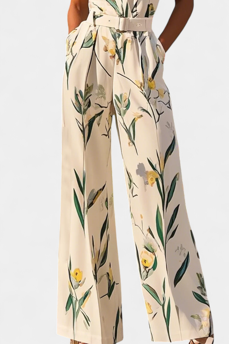 Floral Print V-Neck Sleeveless Belted Wide Leg Jumpsuit