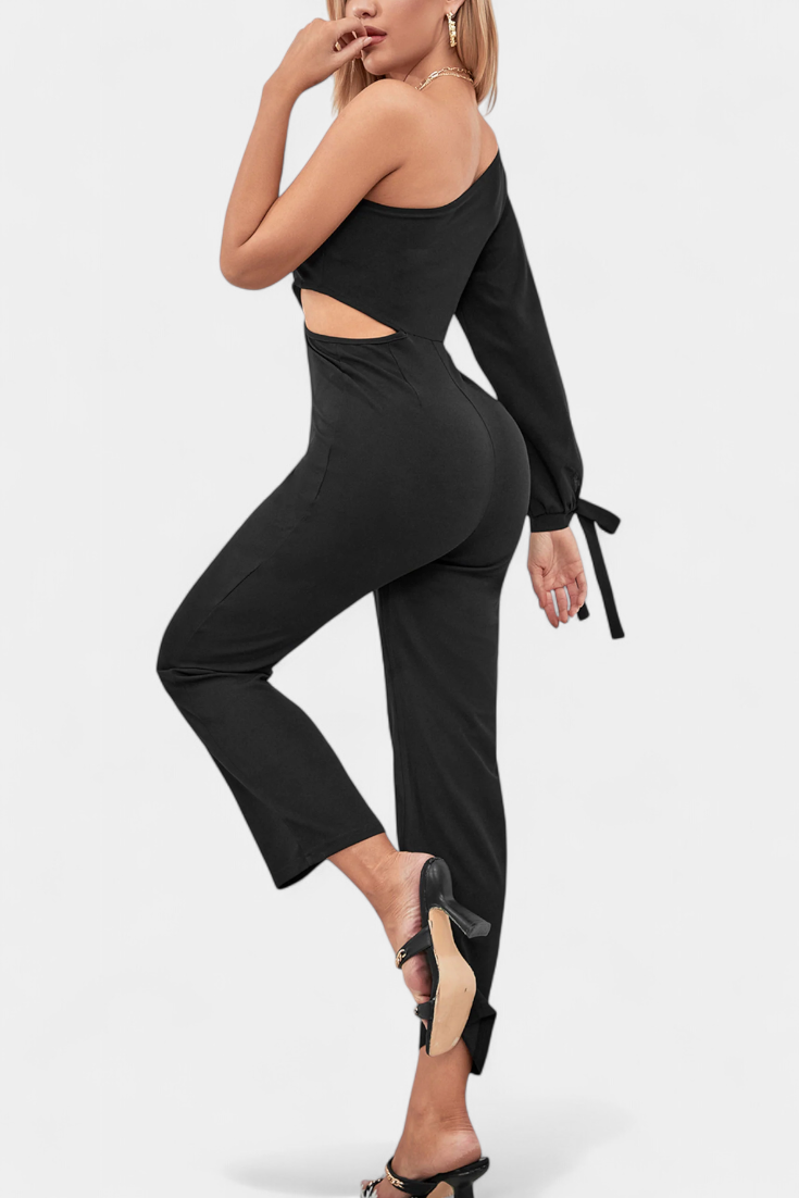 One Shoulder Long Sleeve Cut Out Straight Leg Jumpsuit