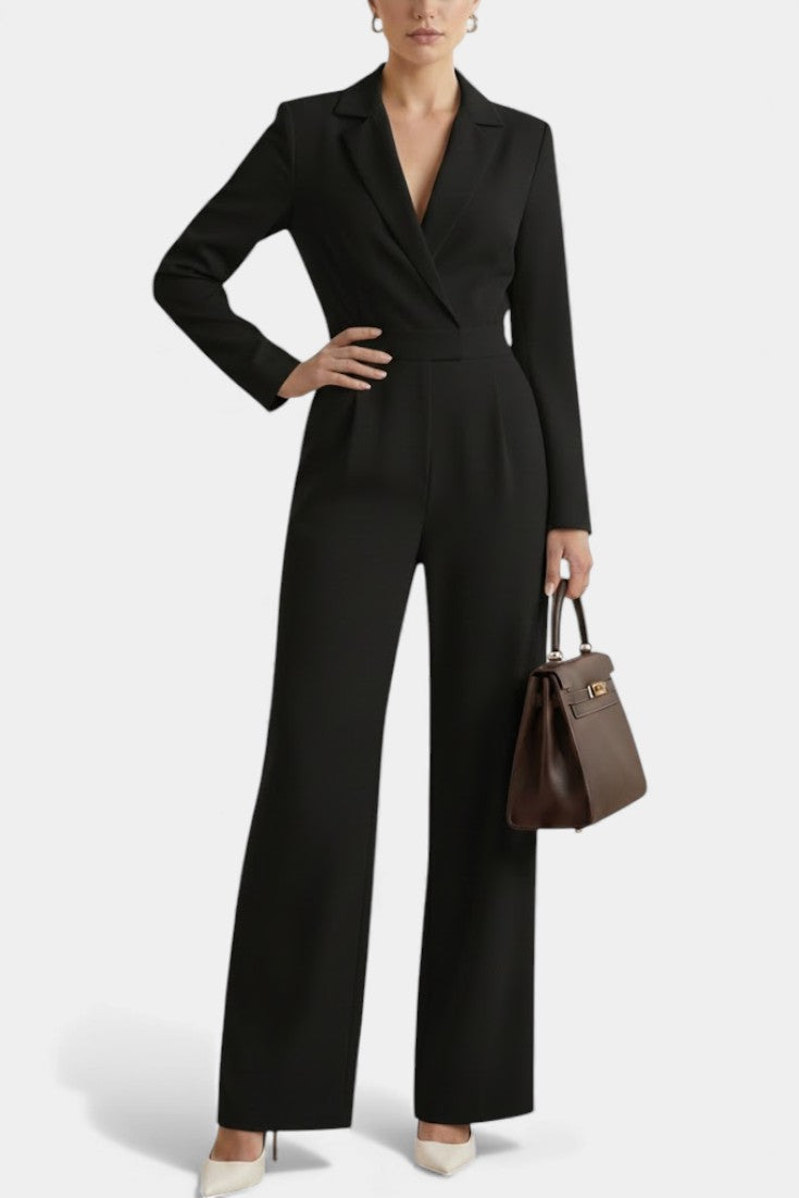 Notch Lapel Wrap Long Sleeve Wide Leg Jumpsuit