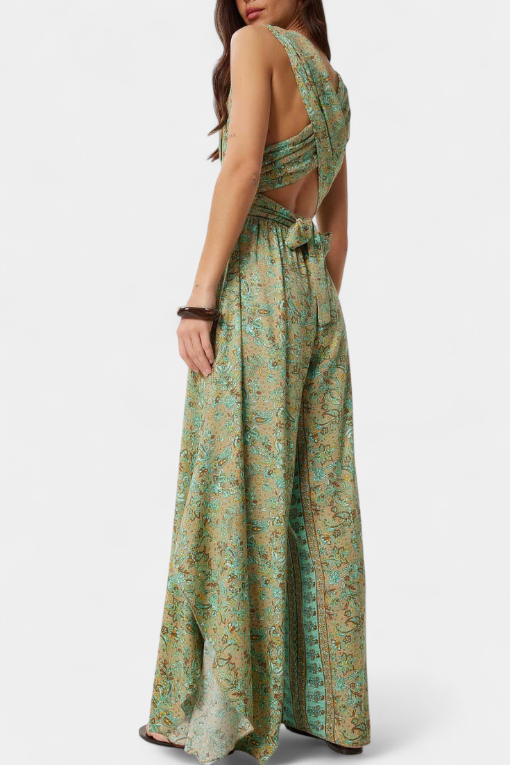 Paisley Print Open Back Tie Wide Leg Jumpsuit