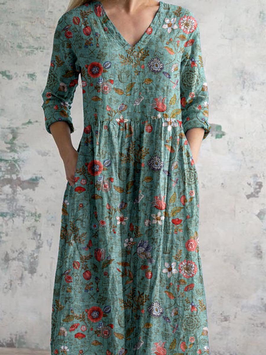 Floral Print V-Neck Long Sleeve Pocket Maxi Dress