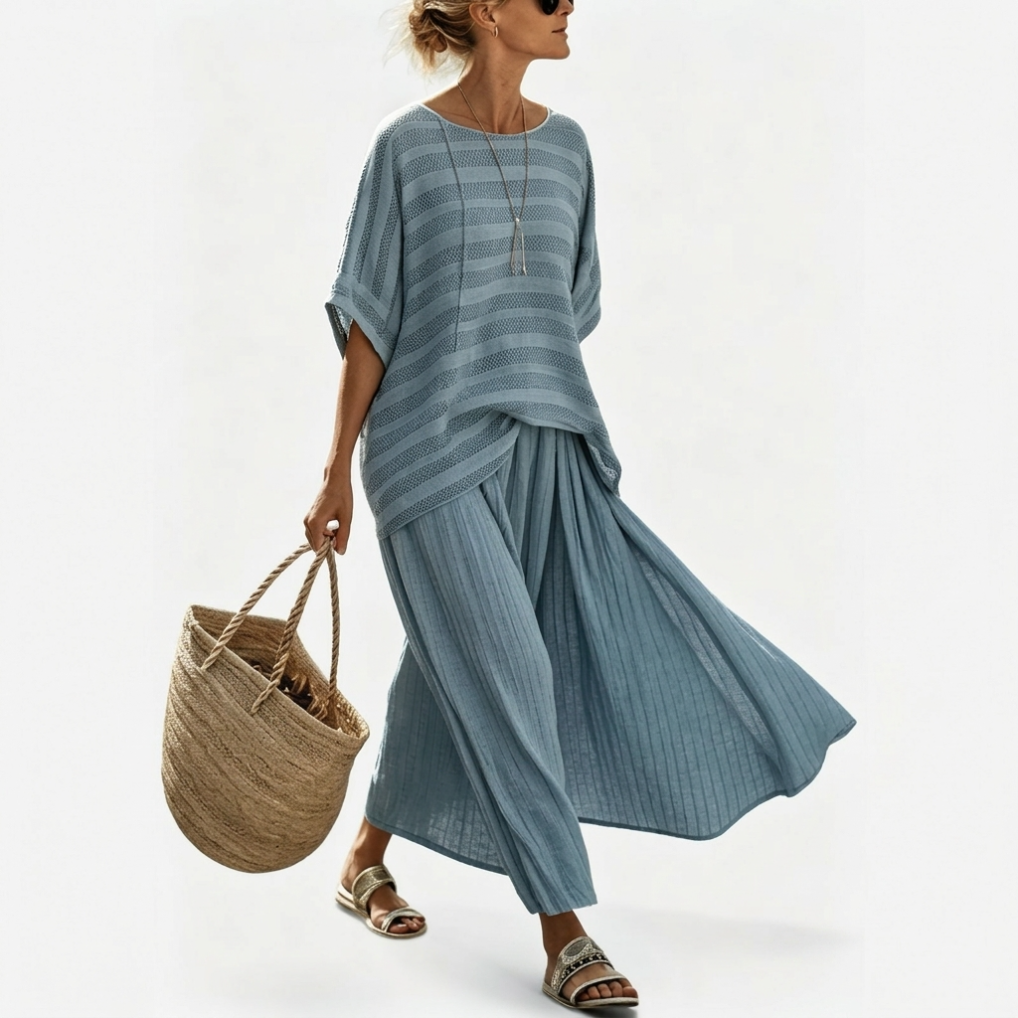 Striped Short Sleeve Top and Wide Leg Pants Two Piece Set