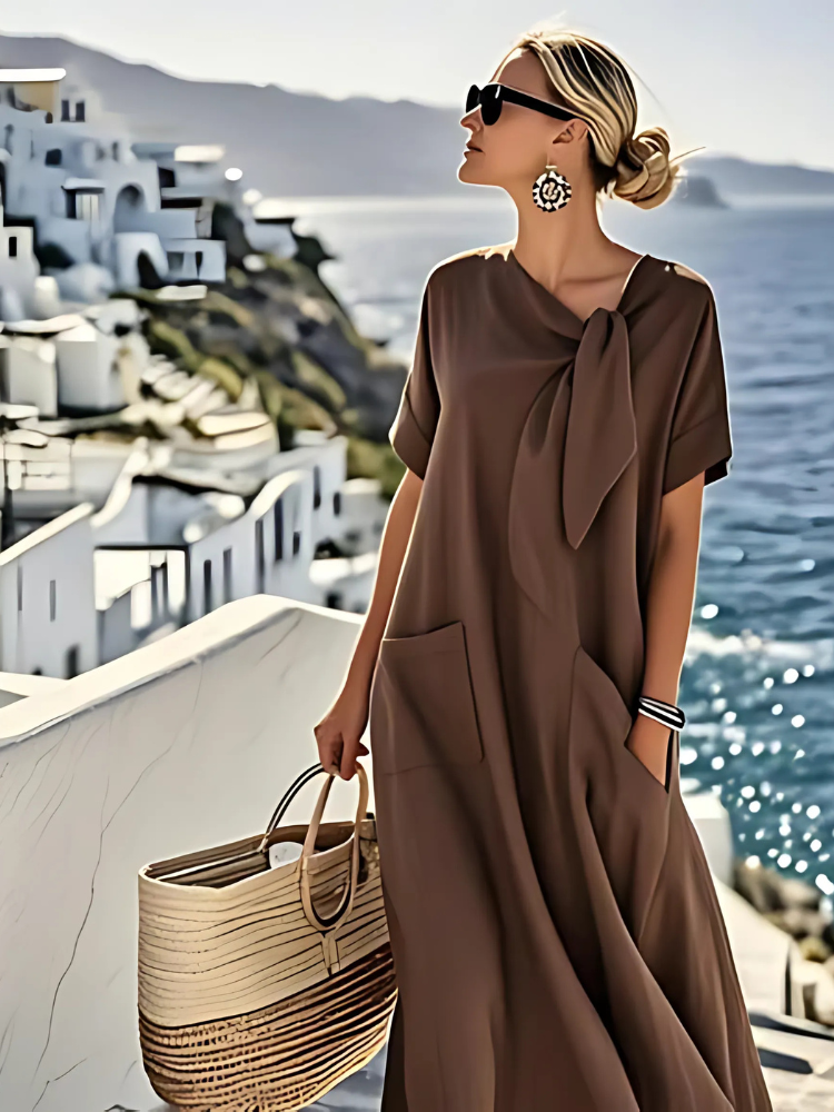 Short Sleeve Bow Front Pocket Midi Dress 5