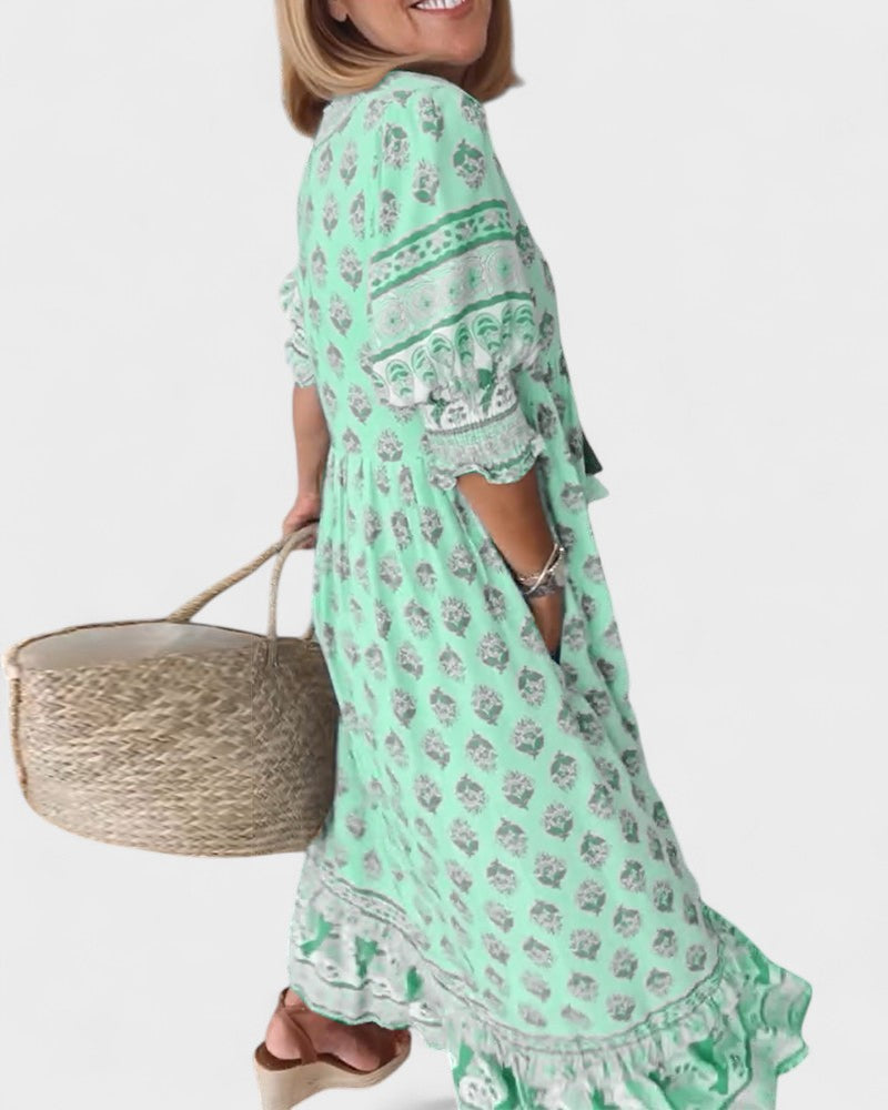 Boho Print V-Neck Ruffle Sleeve Button Front Midi Dress