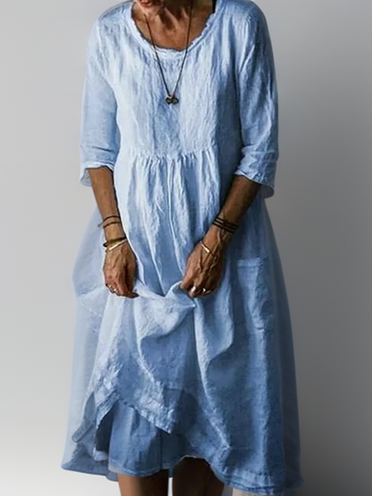 Katie - Summer Pleated Cotton Linen Midi Dress Blue