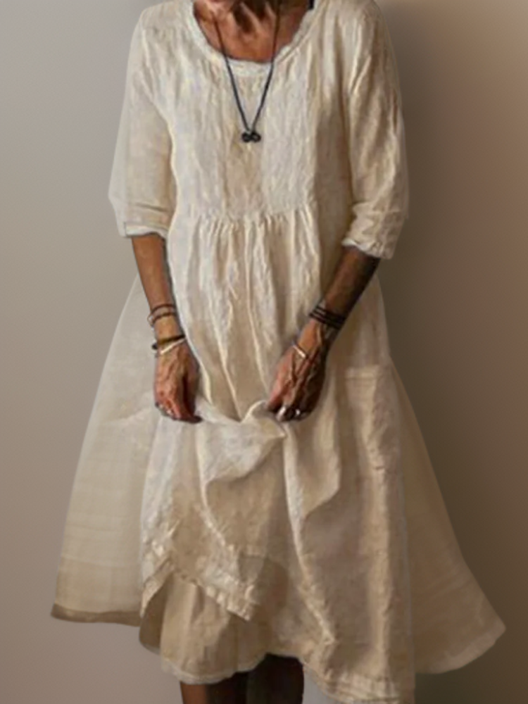Katie - Summer Pleated Cotton Linen Midi Dress Beige