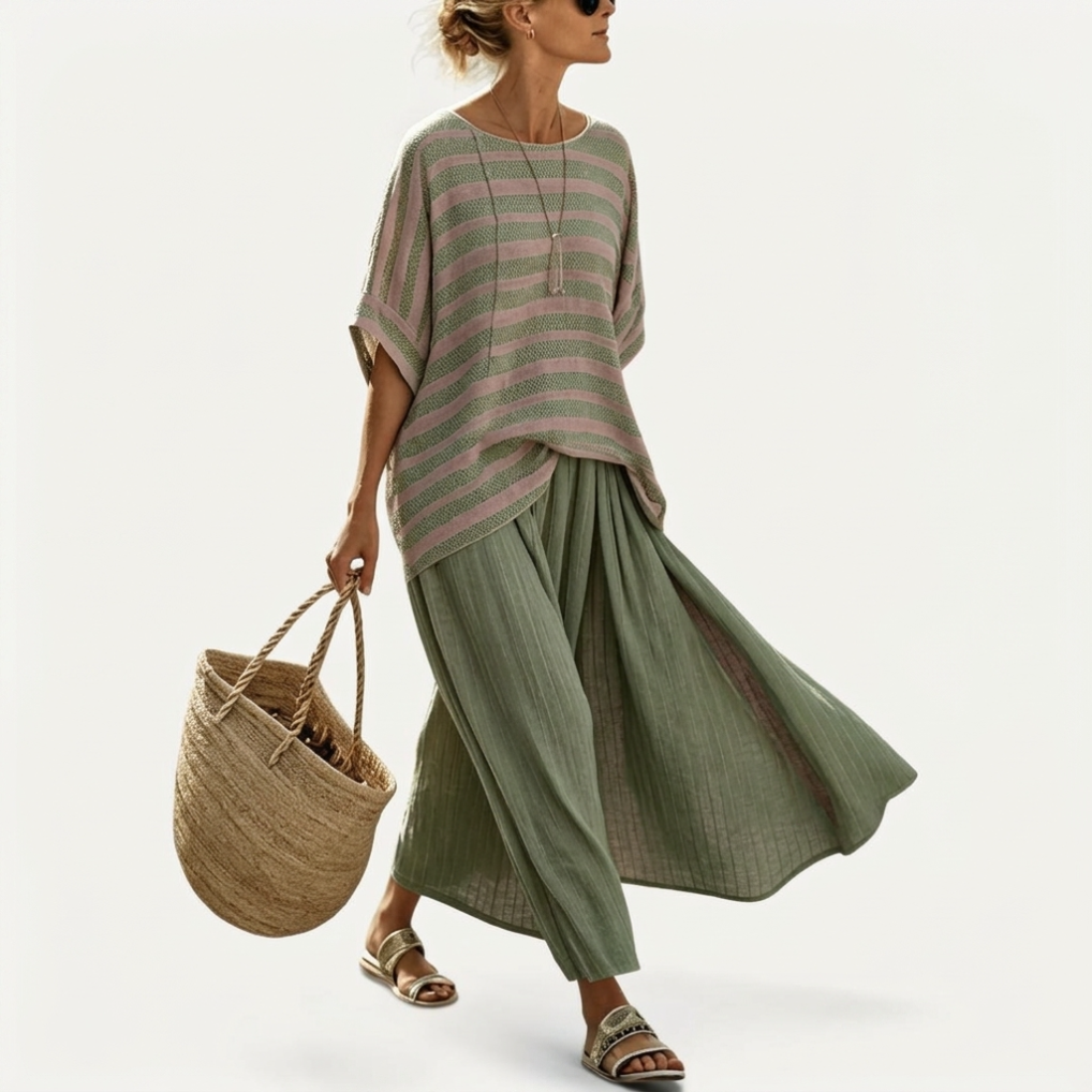 Striped Short Sleeve Top and Wide Leg Pants Two Piece Set