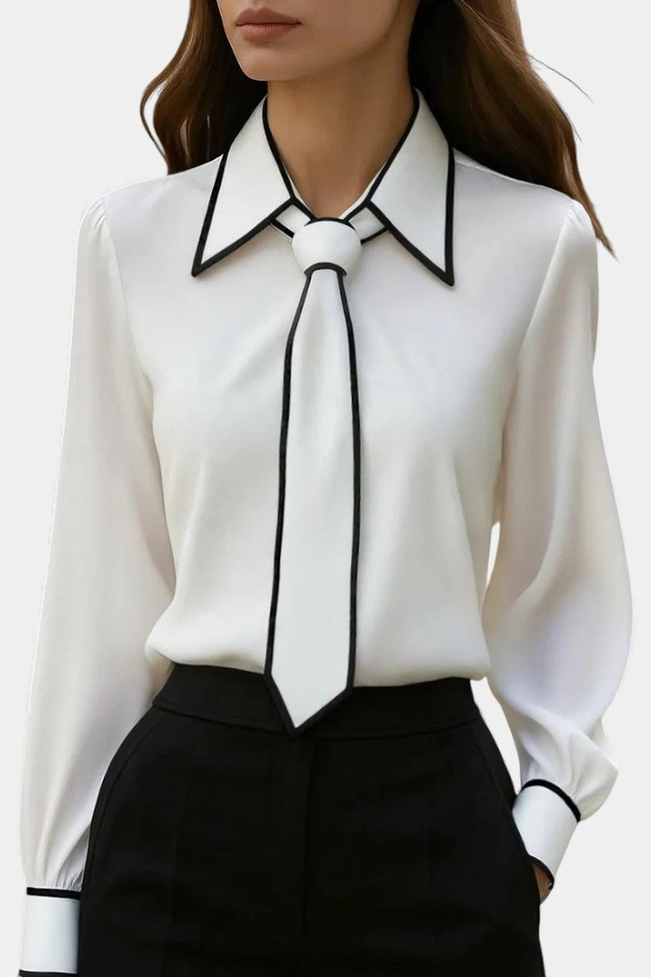 Contrast Trim Knotted Tie Collar Long Sleeve Blouse