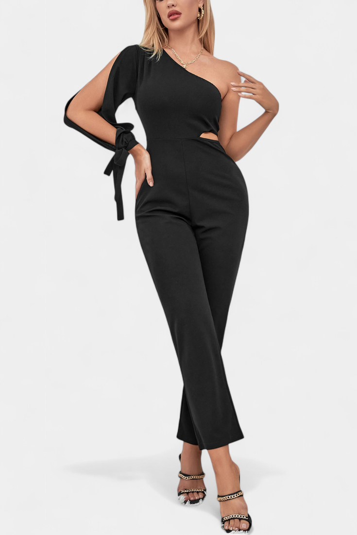 One Shoulder Long Sleeve Cut Out Straight Leg Jumpsuit