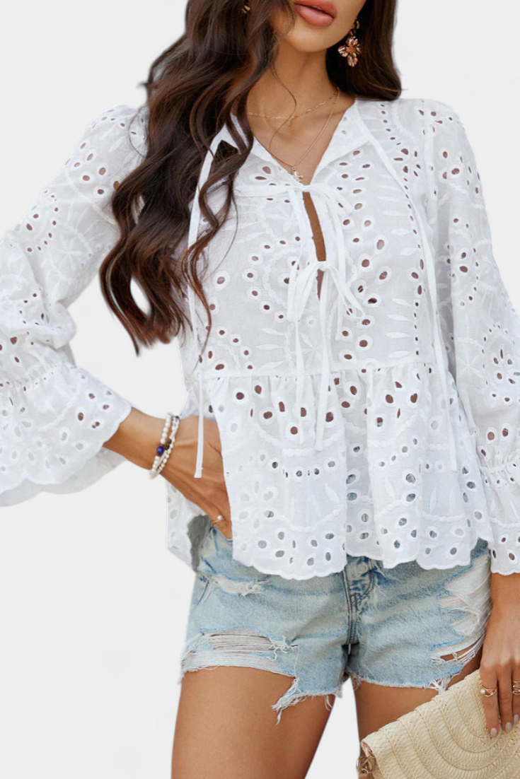 Eyelet Lace Tie Neck Long Sleeve Peplum Blouse